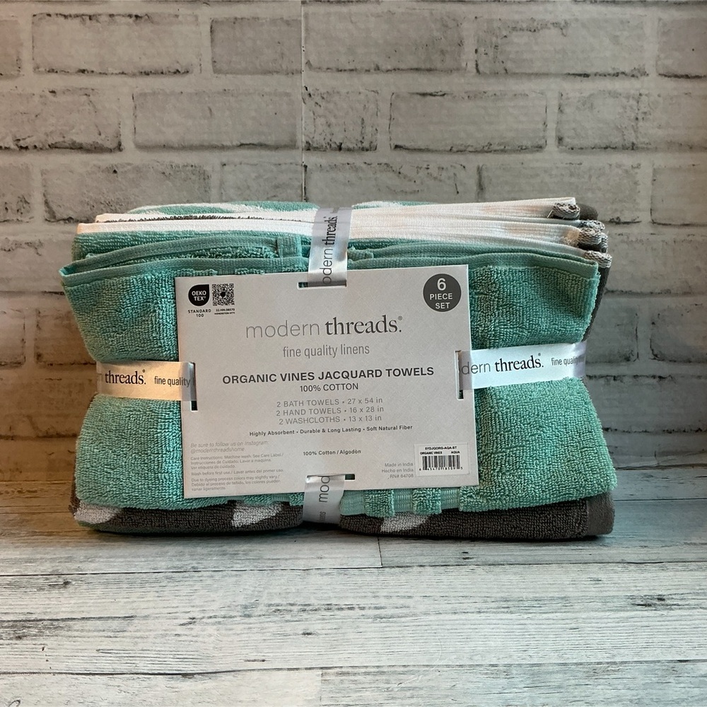 Modern Threads 6Pc Aqua Super Absorbent Quick Dry Organic Vines Towel Set